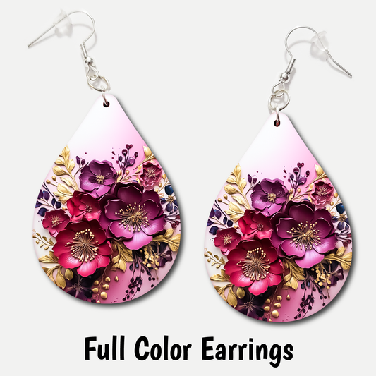 3D Maroon Floral - Full Color Earrings