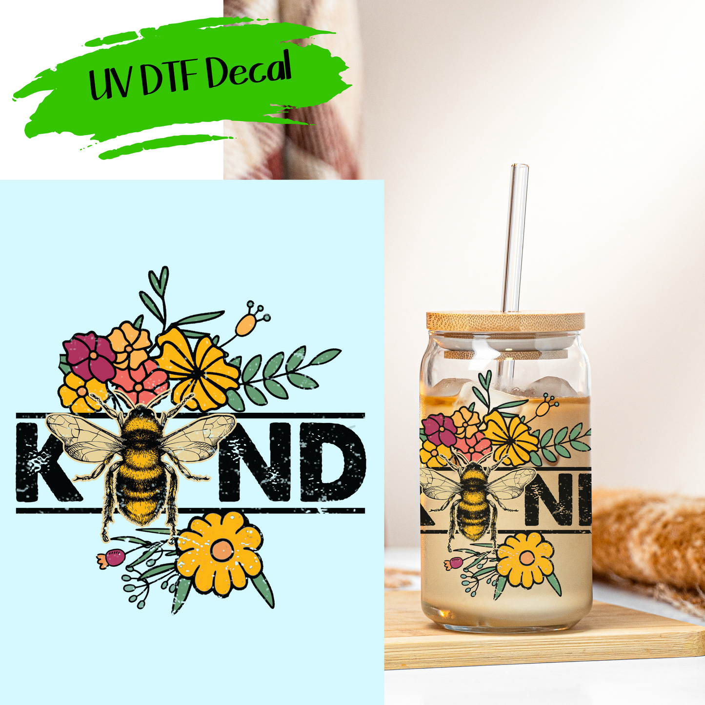 Bee Kind - UV DTF Decals (SHIPS IN 3-7 BUS DAYS)