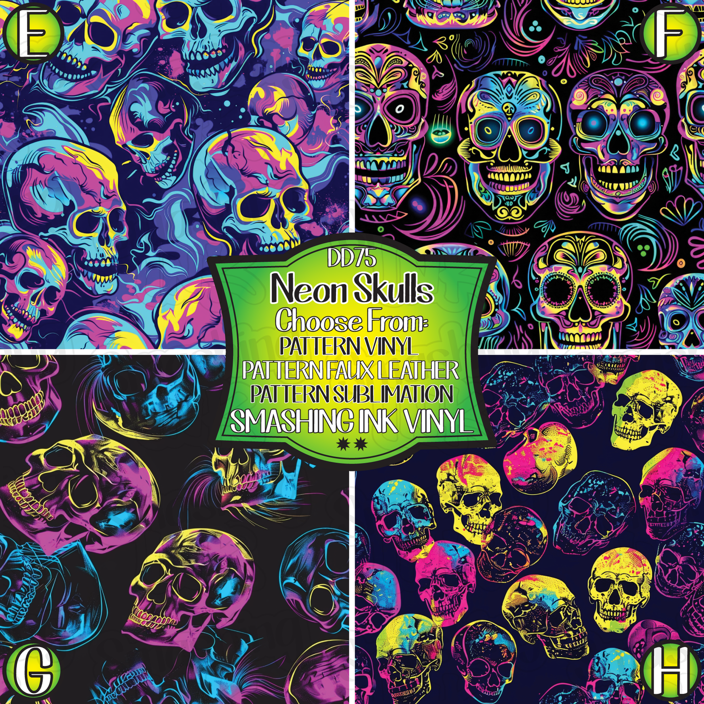 Neon Skulls ★ Printed Vinyl Sheets | Faux Leather | Laser Safe