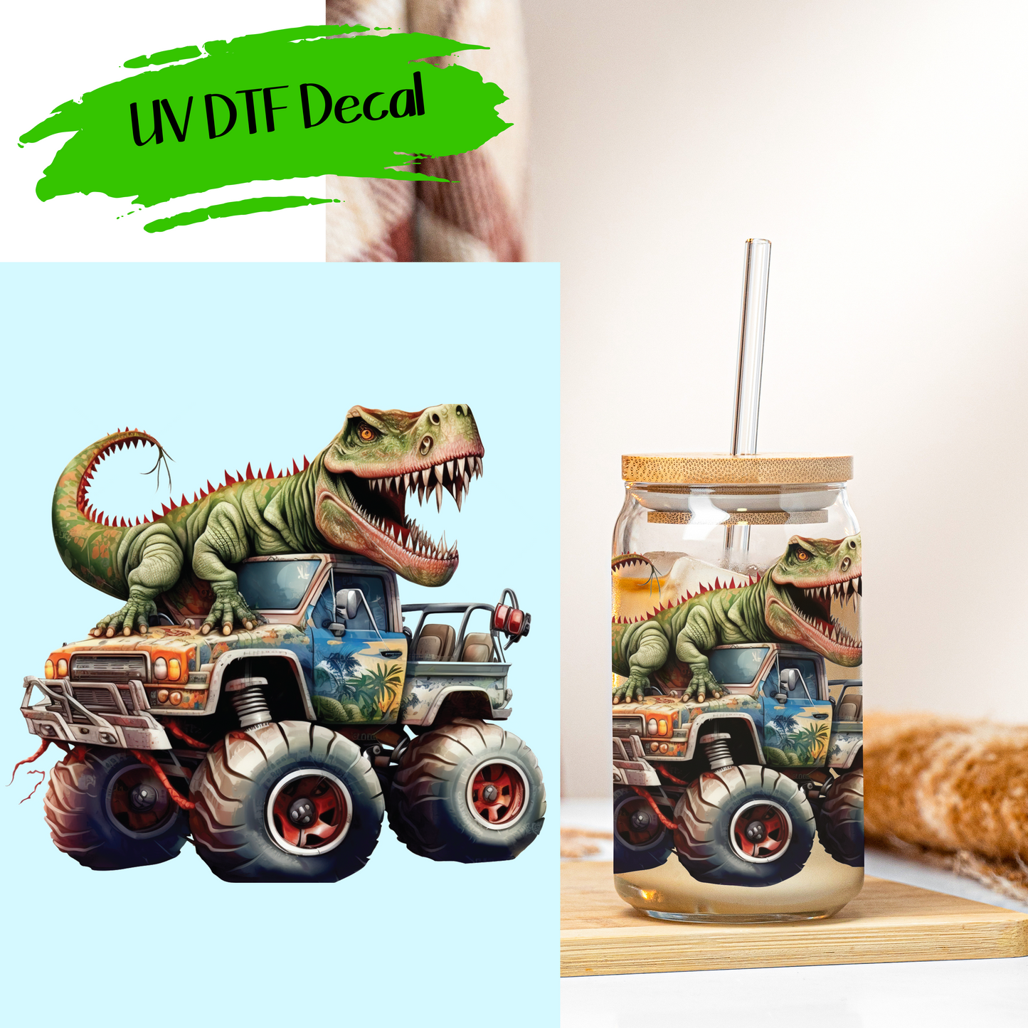 Dinosaur Monster Truck 3 - UV DTF Decals (SHIPS IN 3-7 BUS DAYS)