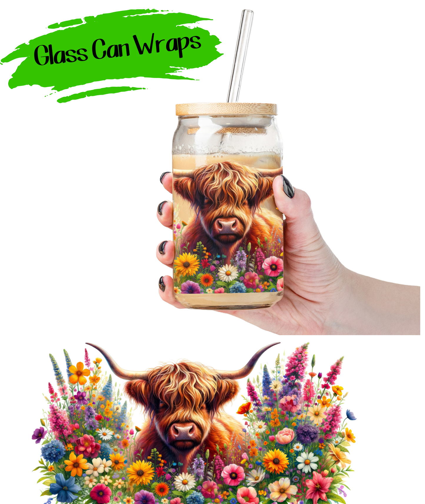 Highland Cow Flowers - UV DTF | Cup Wrap | 16/20 oz