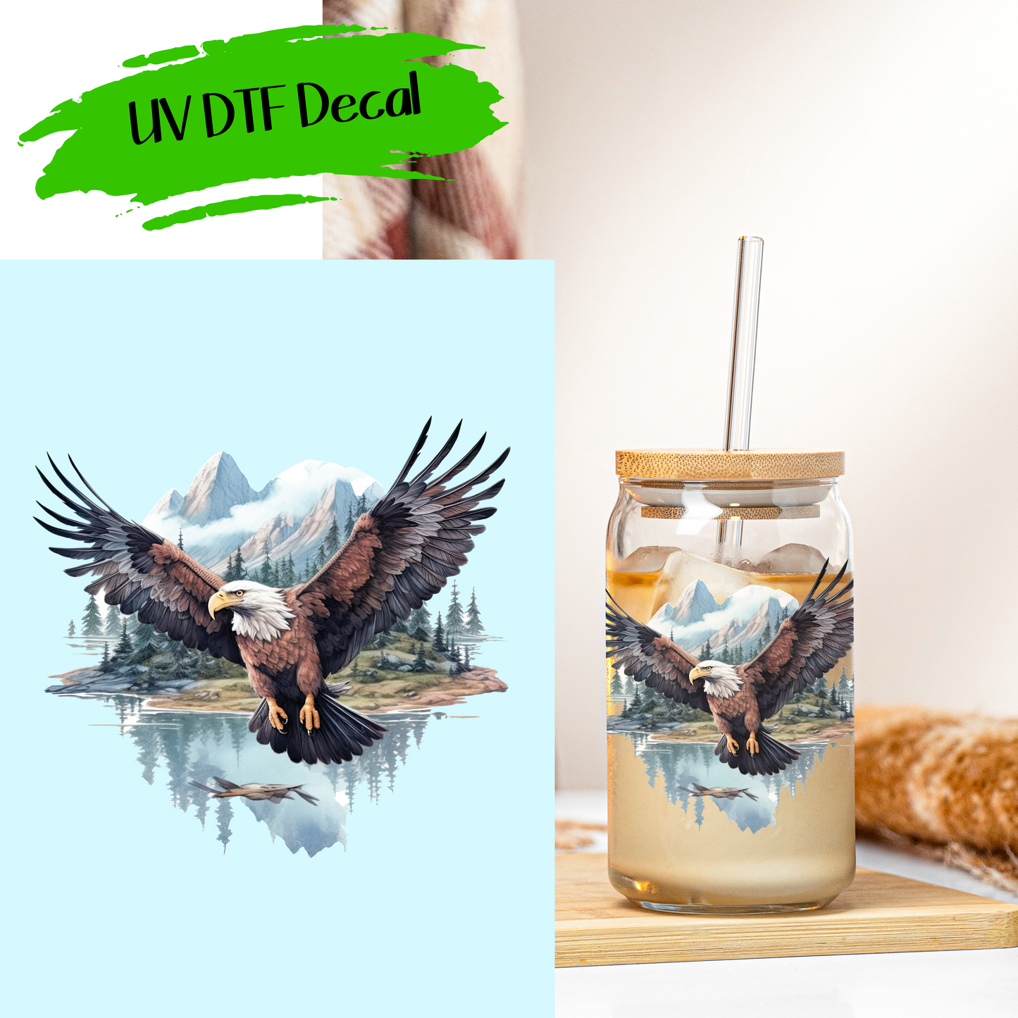 Mountain Eagle Scene - UV DTF Decals (SHIPS IN 3-7 BUS DAYS)