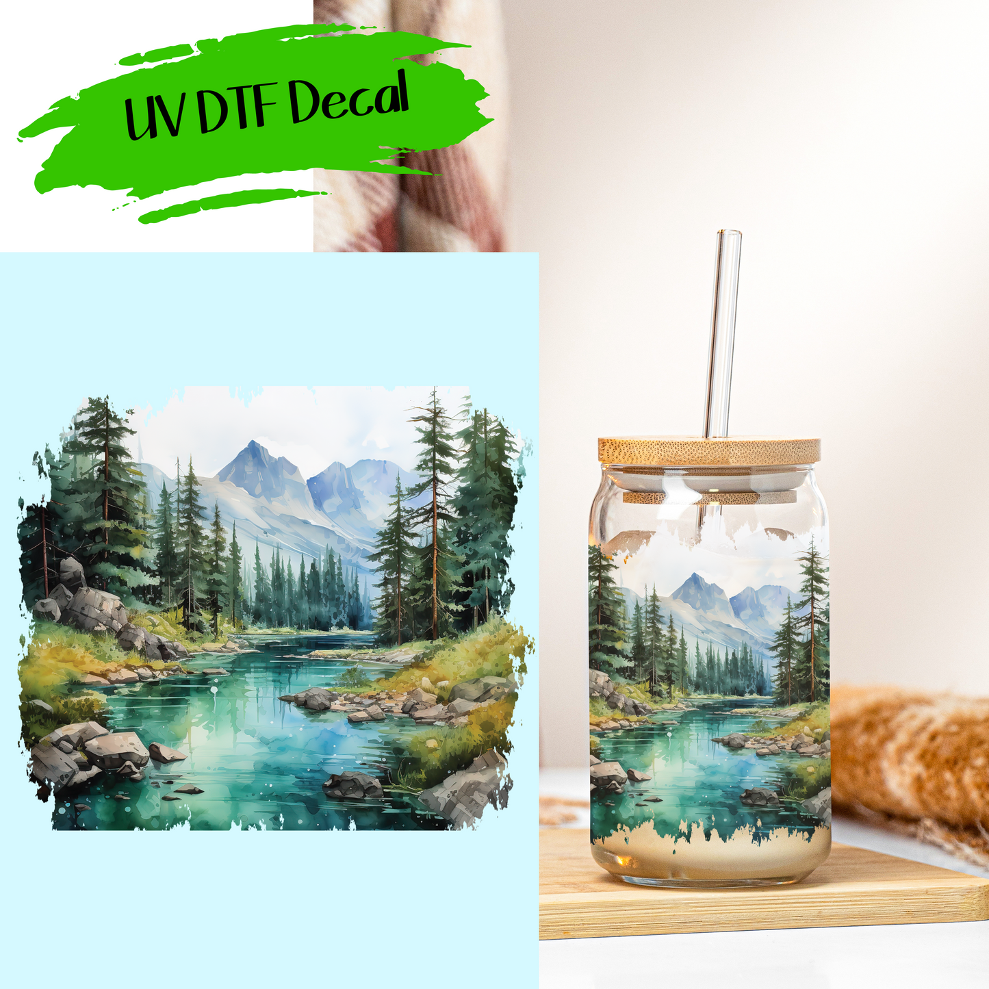 Mountains And River - UV DTF Decals (SHIPS IN 3-7 BUS DAYS)