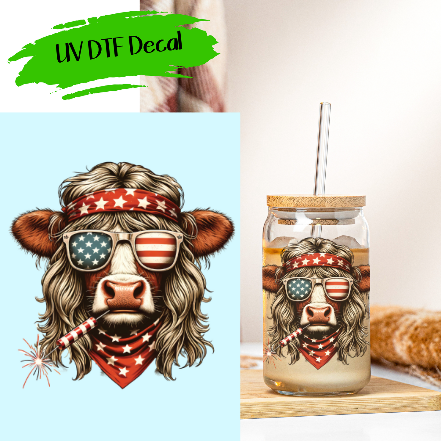 Patriotic Highland Cow - UV DTF Decals (SHIPS IN 3-7 BUS DAYS)