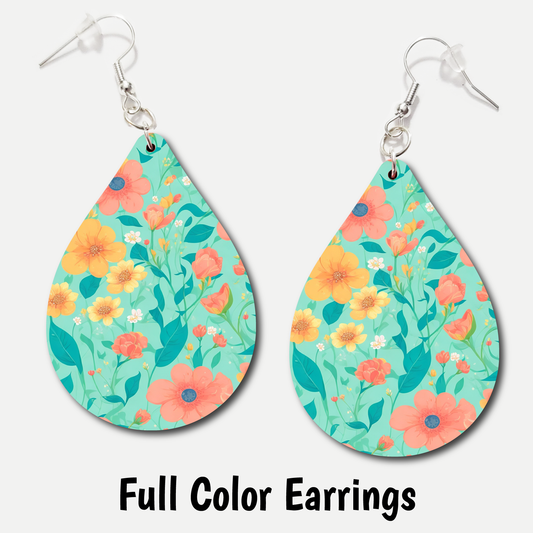 Teal Floral - Full Color Earrings