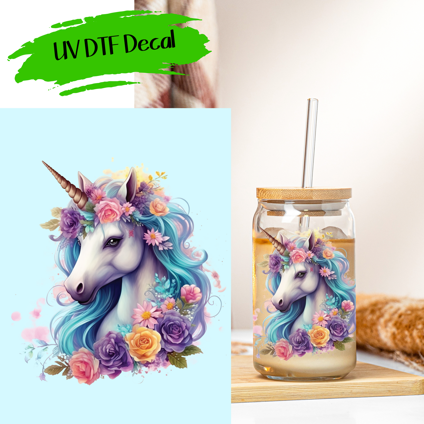 Unicorn With Flowers - UV DTF Decals (SHIPS IN 3-7 BUS DAYS)
