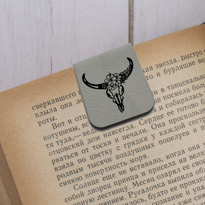 Floral Bull Skull - Magnetic Leatherette Bookmark - Choose your leatherette color!