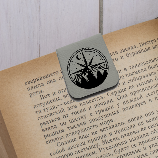 Mountain Compass - Magnetic Leatherette Bookmark - Choose your leatherette color!