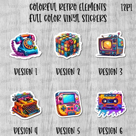 Colorful Retro Elements - Full Color Vinyl Stickers (SHIPS IN 3-7 BUS DAYS)