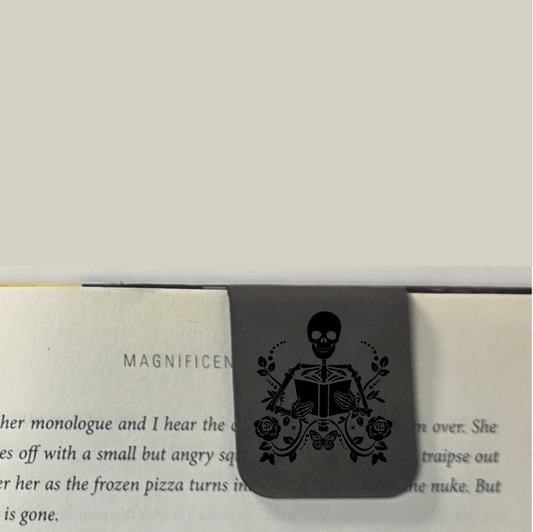 Skeleton Holding Book - Bookmark | Magnetic | Engraved Leatherette