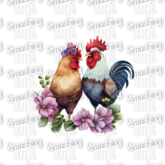 Floral Chicken Couple - Heat Transfer | DTF | Sublimation (TAT 3 BUS DAYS) [6M-4HTV]