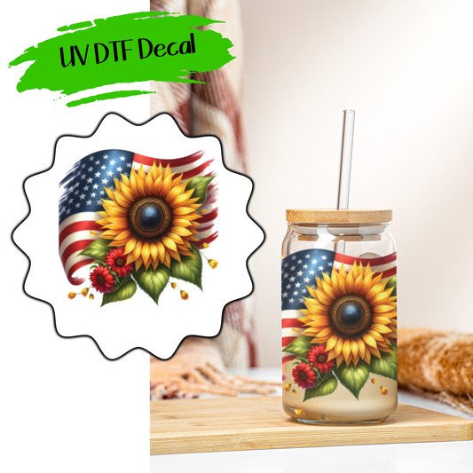 American Flag Sunflower - UV DTF Decals (SHIPS IN 3-7 BUS DAYS)