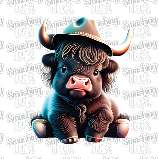 Baby Highland Cow With Hat 2 - Heat Transfer | DTF | Sublimation (TAT 3 BUS DAYS) [6J-16HTV]