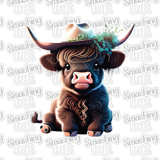 Baby Highland Cow With Hat 4 - Heat Transfer | DTF | Sublimation (TAT 3 BUS DAYS) [6J-18HTV]