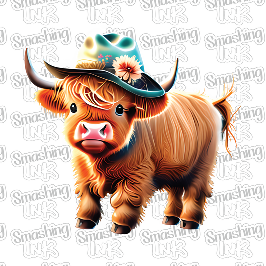 Baby Highland Cow With Hat 5 - Heat Transfer | DTF | Sublimation (TAT 3 BUS DAYS) [6J-19HTV]