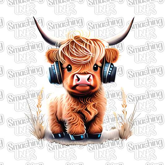 Baby Highland Cow With Headphones - Heat Transfer | DTF | Sublimation (TAT 3 BUS DAYS) [6J-20HTV]
