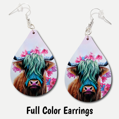 Blue Floral Cow - Full Color Earrings
