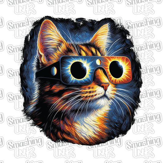 Eclipse Cat Wearing Glasses - Heat Transfer | DTF | Sublimation (TAT 3 BUS DAYS) [18F-2HTV]