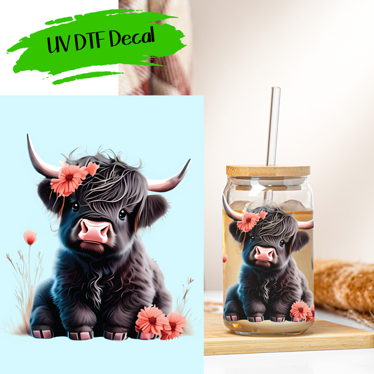 Floral Baby Highland Cow - UV DTF Decals (SHIPS IN 3-7 BUS DAYS)