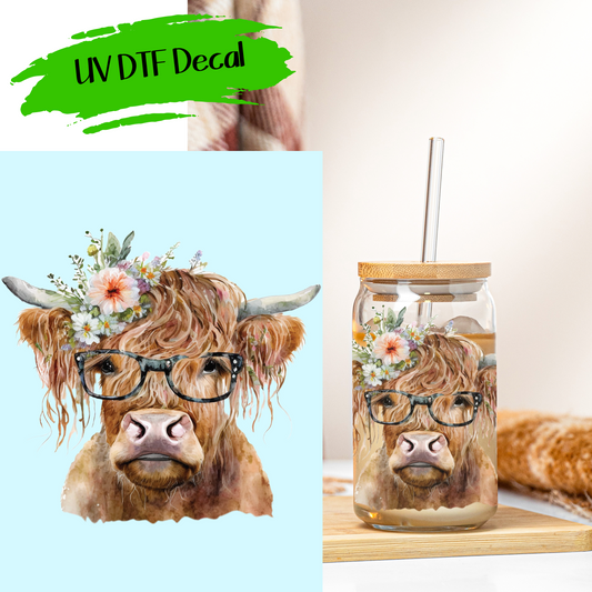 Floral Highland Cow With Glasses - UV DTF Decals (SHIPS IN 3-7 BUS DAYS)