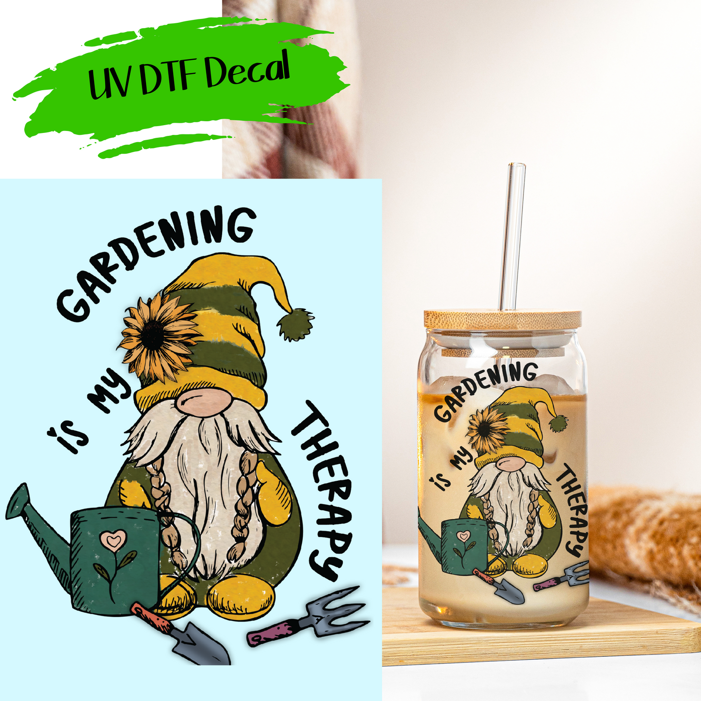 Gardening Therapy Gnome - UV DTF Decals (SHIPS IN 3-7 BUS DAYS)