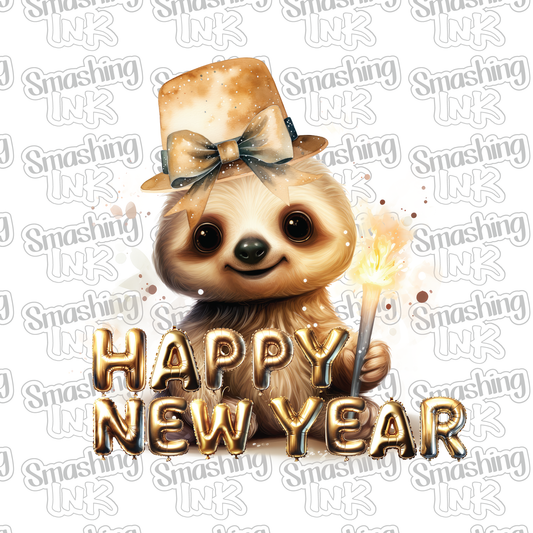 Happy New Year Sloth - Heat Transfer | DTF | Sublimation (TAT 3 BUS DAYS) [4L9-1HTV]