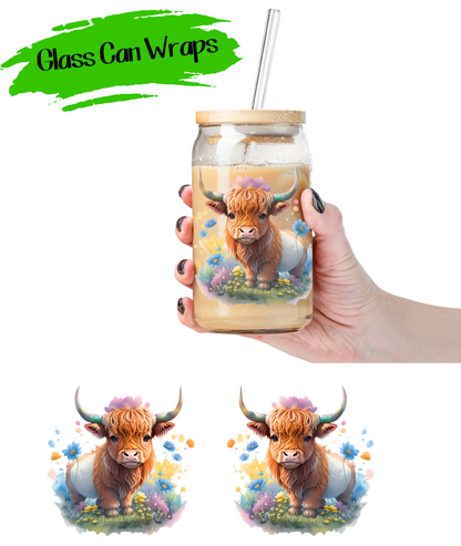 Highland Cow Floral Wrap for 16/20 oz Cups - UV DTF or Sublimation (SHIPS IN 3-7 BUS DAYS)