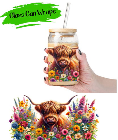 Highland Cow Flowers Wrap for 16/20 oz Cups - UV DTF or Sublimation (SHIPS IN 3-7 BUS DAYS)