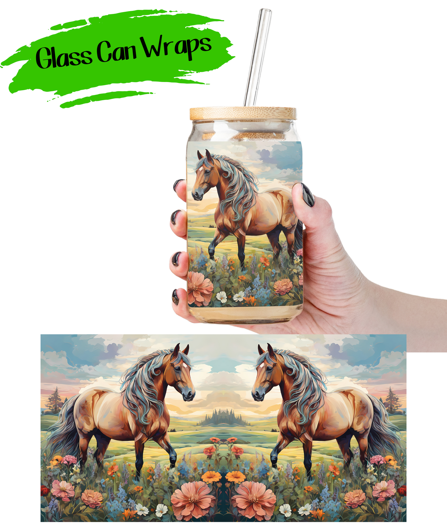 Horse and Flowers Wrap for 16/20 oz Cups - UV DTF or Sublimation (SHIPS IN 3-7 BUS DAYS)