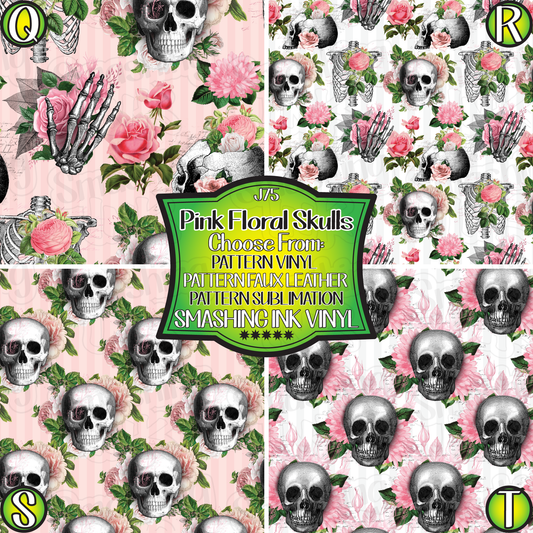 Pink Floral Skulls  ★ Pattern Vinyl | Faux Leather | Sublimation (TAT 3 BUS DAYS)