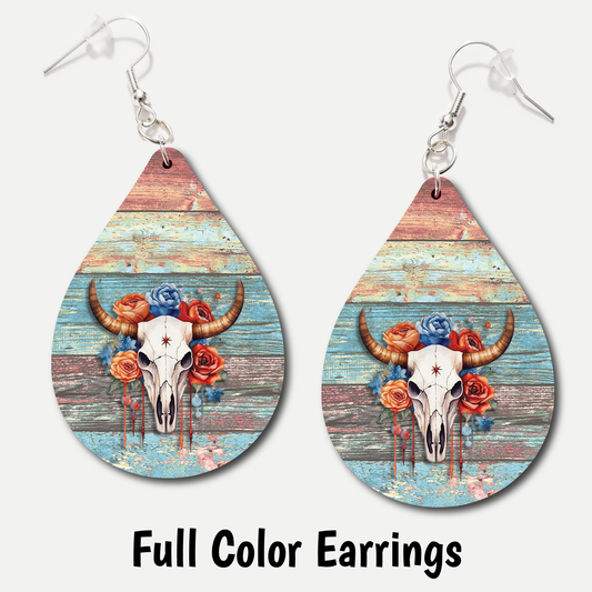 Patriotic Floral Skull - Full Color Earrings