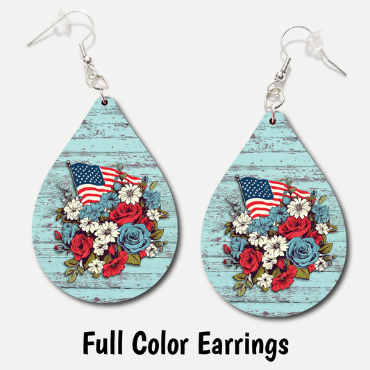 Patriotic Floral Wood - Full Color Earrings