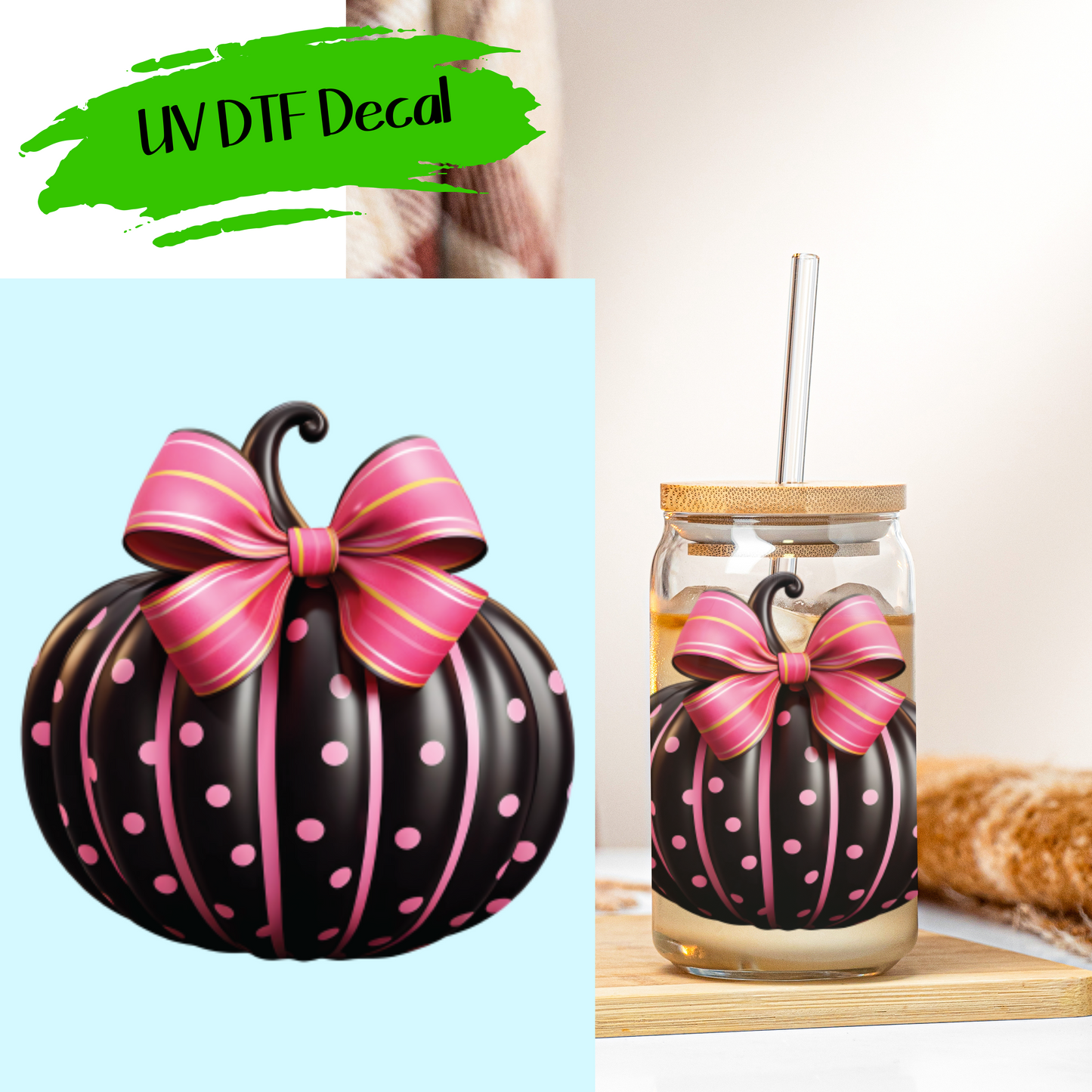 Pink Black Halloween Pumpkin - UV DTF Decals (SHIPS IN 3-7 BUS DAYS)