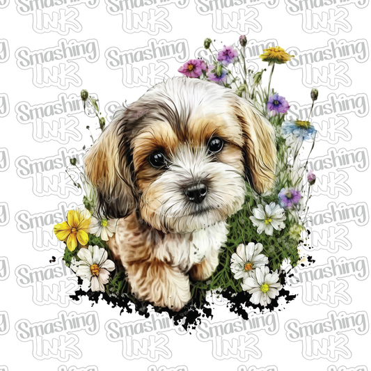 Puppy With Flowers - Heat Transfer | DTF | Sublimation (TAT 3 BUS DAYS) [6N-11HTV]