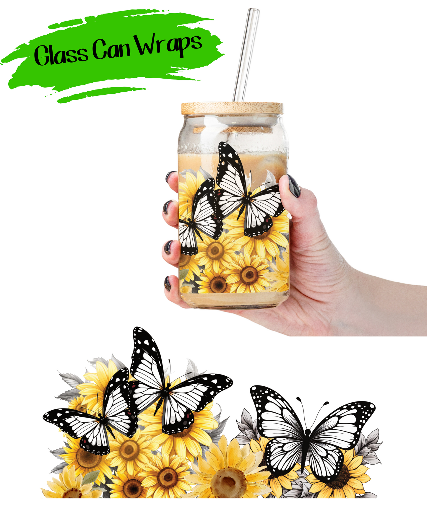 Sunflower Butterfly Wrap for 16/20 oz Cups - UV DTF or Sublimation (SHIPS IN 3-7 BUS DAYS)