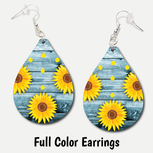 Sunflower Teal Wood 2 - Full Color Earrings