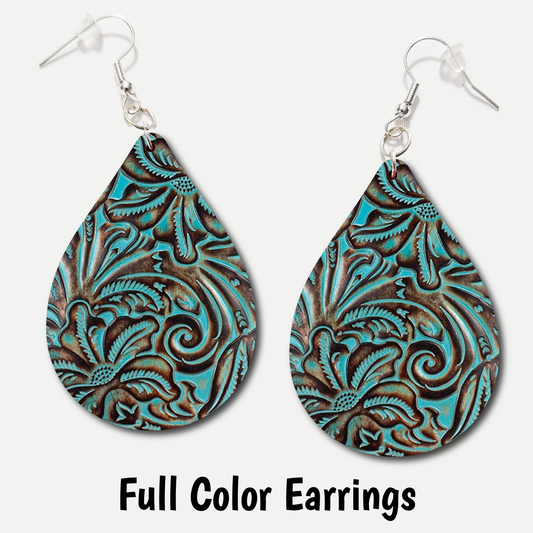 Teal Tooled Leather - Full Color Earrings