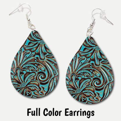 Teal Tooled Leather - Acrylic Earrings