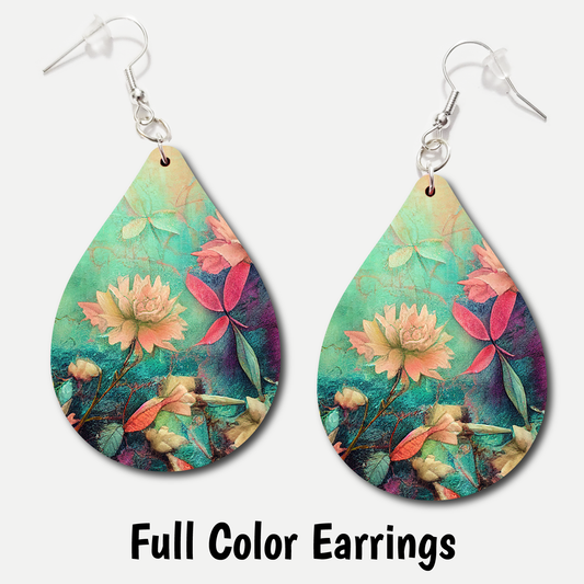 Teal Vintage Floral - Full Color Earrings