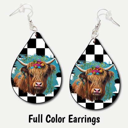 Teal Checker Cow - Full Color Earrings