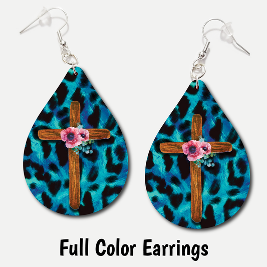 Teal Cheetah Cross - Full Color Earrings