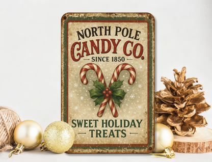 North Pole Candy Co - Metal Home Decor Sign | 12x18 inches