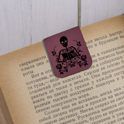 Skeleton Holding Book - Magnetic Leatherette Bookmark - Choose your leatherette color!