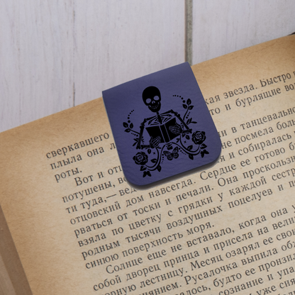 Skeleton Holding Book - Magnetic Leatherette Bookmark - Choose your leatherette color!