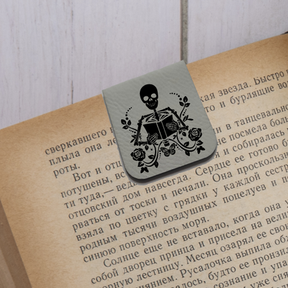 Skeleton Holding Book - Magnetic Leatherette Bookmark - Choose your leatherette color!