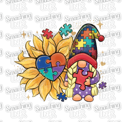 Autism Sunflower Gnome - Heat Transfer | DTF | Sublimation (TAT 3 BUS DAYS) [7C-30HTV]