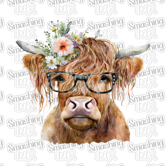 Floral Highland Cow With Glasses - Heat Transfer | DTF | Sublimation (TAT 3 BUS DAYS) [6J-3HTV]