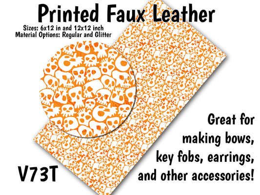 Orange Skull Pattern - Faux Leather Sheet (SHIPS IN 3 BUS DAYS)