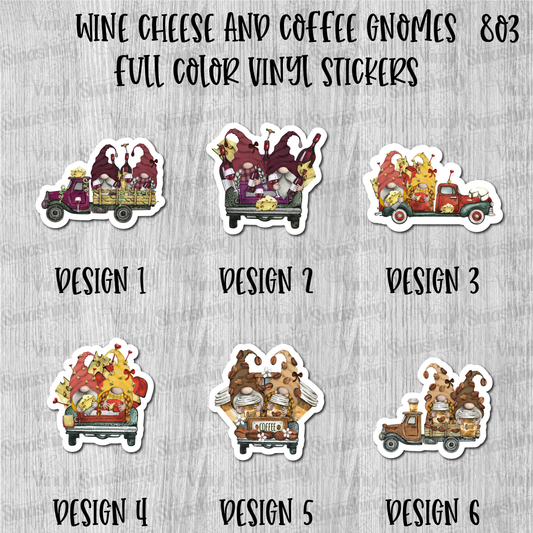 Wine Cheese And Coffee Gnomes - Full Color Vinyl Stickers (SHIPS IN 3-7 BUS DAYS)